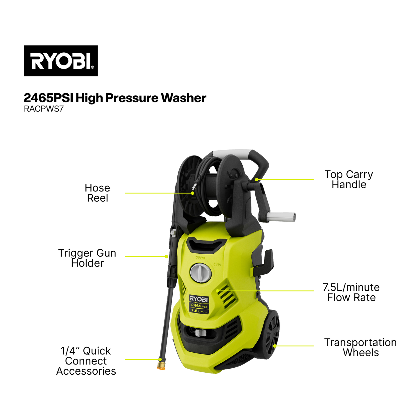 Ryobi High Pressure Washer - 2465 PSI - 7L/min