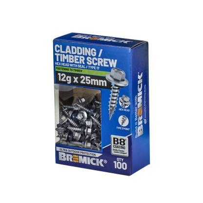 Bremick Hex Cladding Screw - 12g x 25mm - 100 Pack