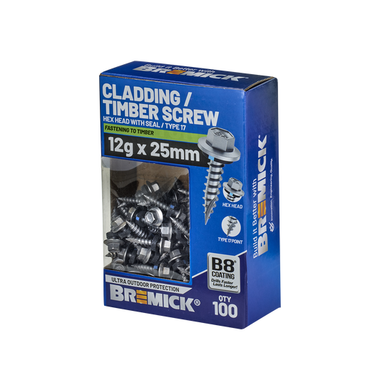 Bremick Hex Cladding Screw - 12g x 25mm - 100 Pack
