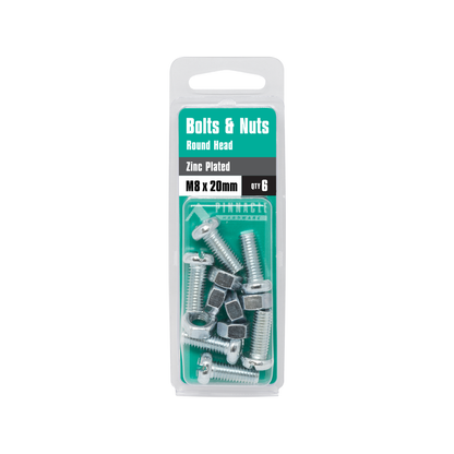 Pinnacle Round Head Bolts and Nuts - M8 x 20mm - 6 Pack