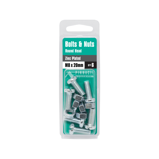 Pinnacle Zinc Plated Round Head Bolts & Nuts M8 x 20mm 6 Pack