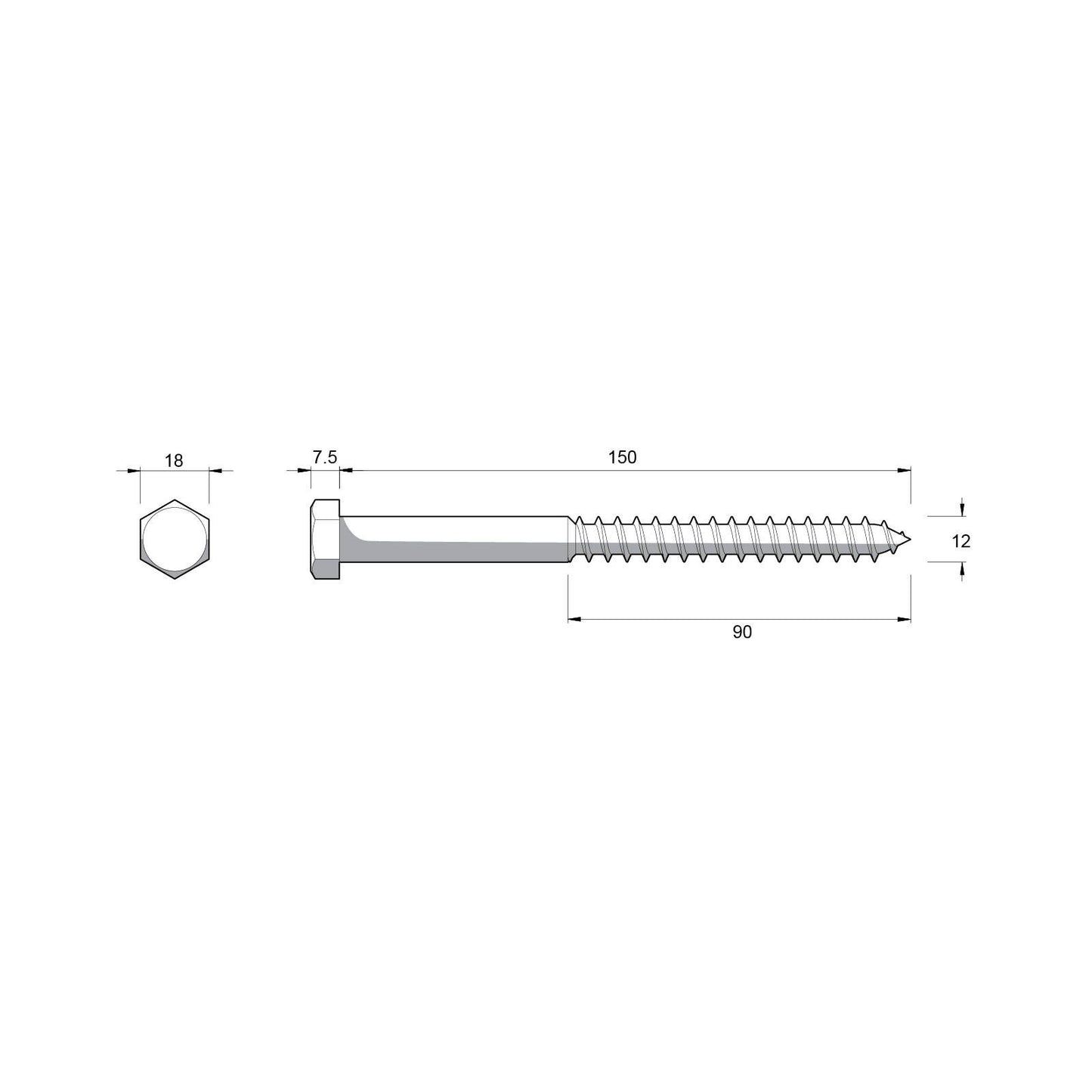 Zenith Hot Dip Galvanised Hex Head Coach Screws - M12 x 150mm - 12 Pack