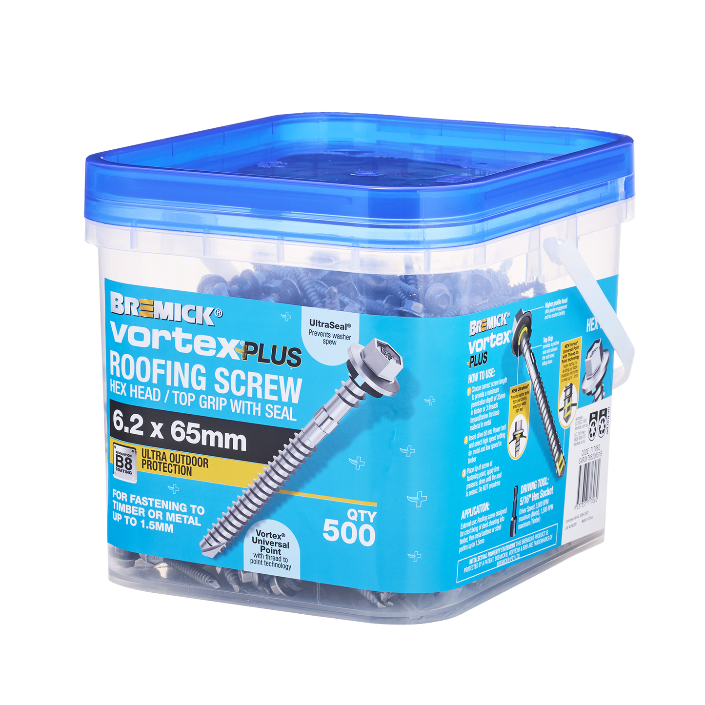 Bremick Vortex Plus Roofing Screw - 6.2 x 65mm - Hex B8 - 500 Pack