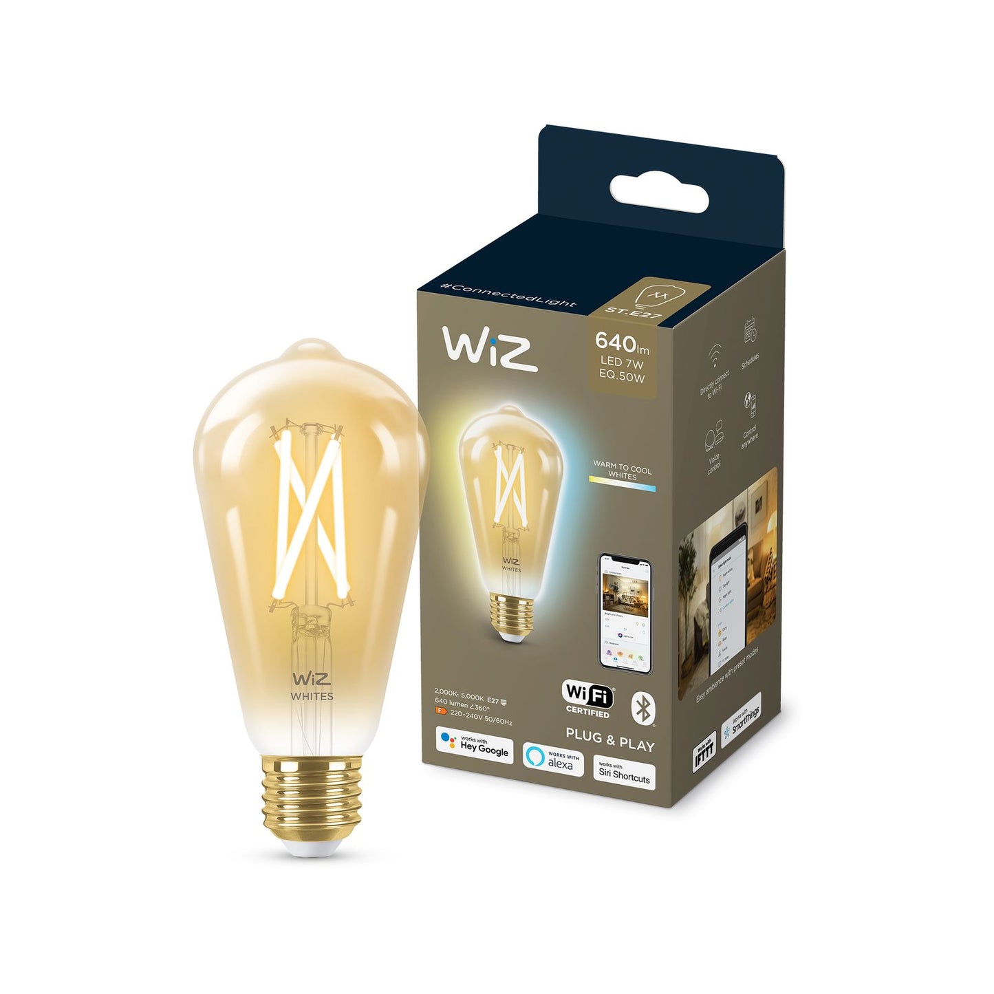 Wiz ST64 E27 LED Smart Filament Globe - 7W - 640lm - Tunable White