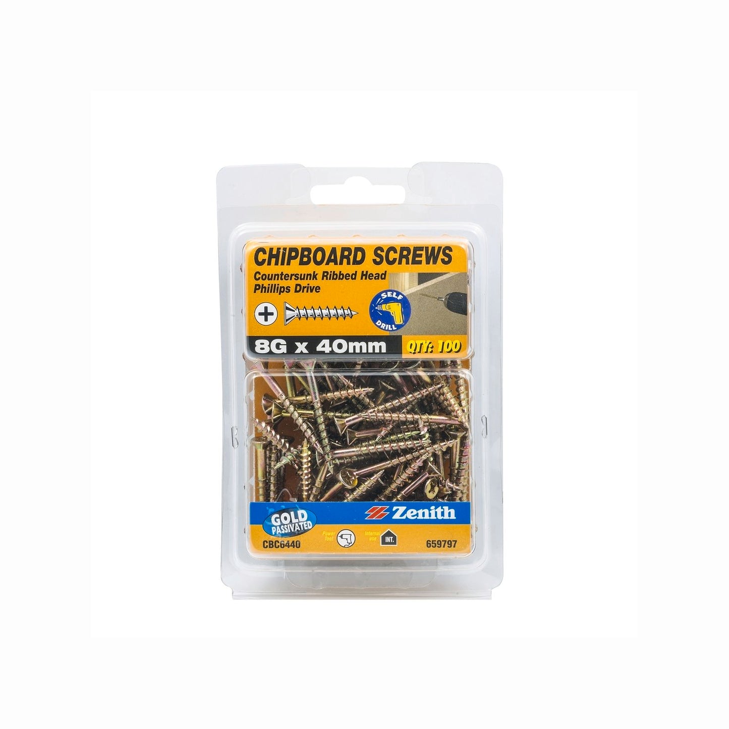 Zenith 8g Chipboard Screws - 40mm - Gold - 100 Pack