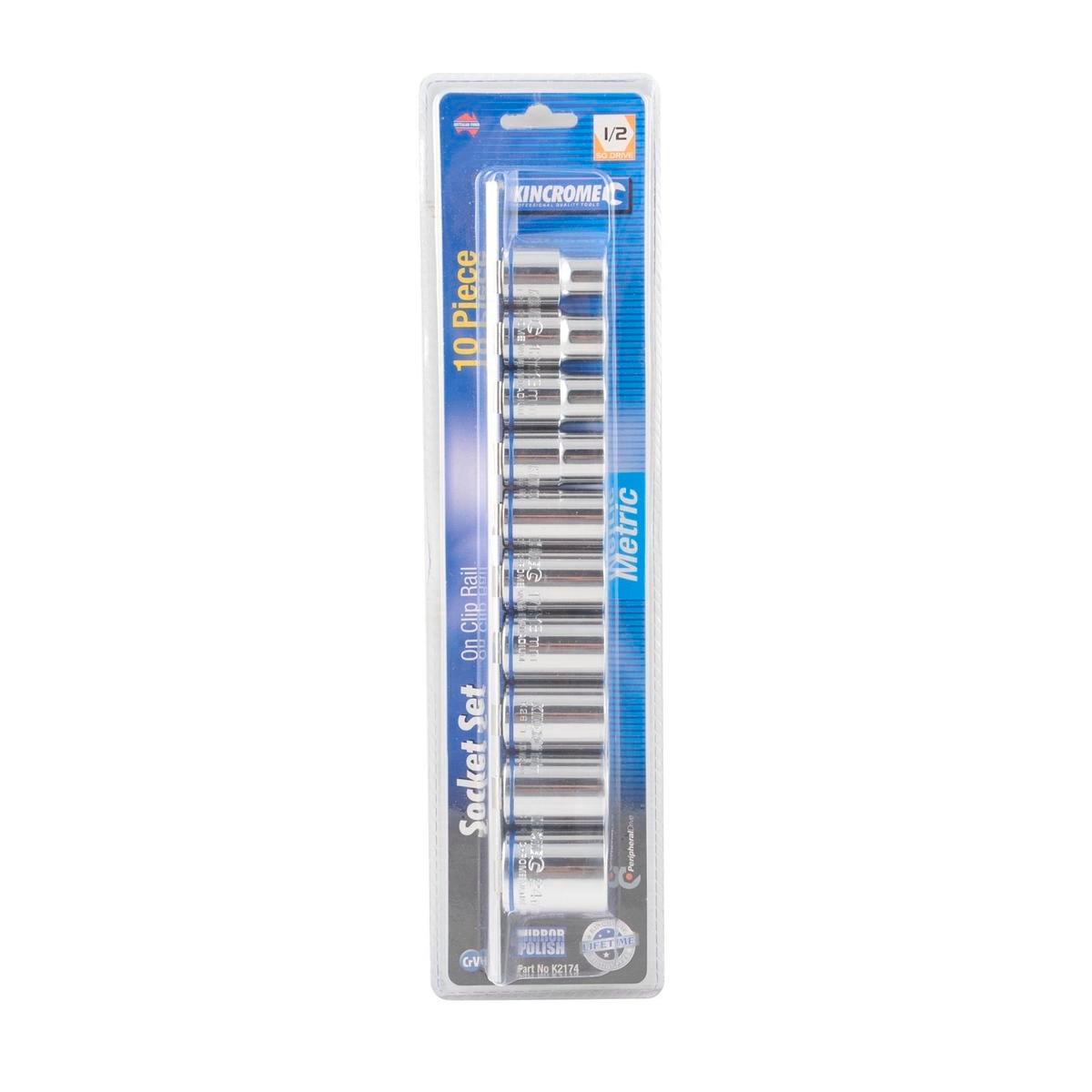 Kincrome 1/2 Metric Rail Socket Set - 10 Piece - Grey - Cr-V Steel - Colour-Coded