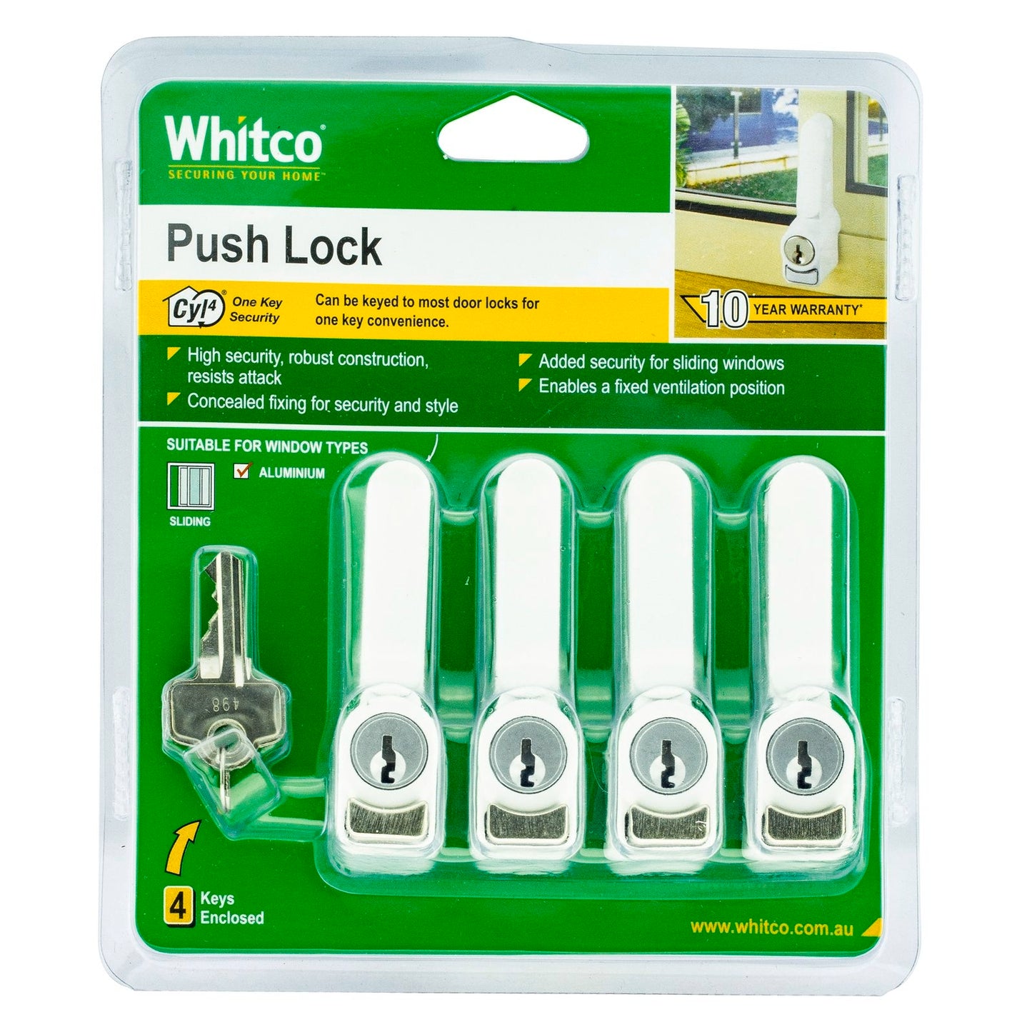 Whitco Sliding Window Push Lock - 13 x 81 x 37mm - White - 4 Pack