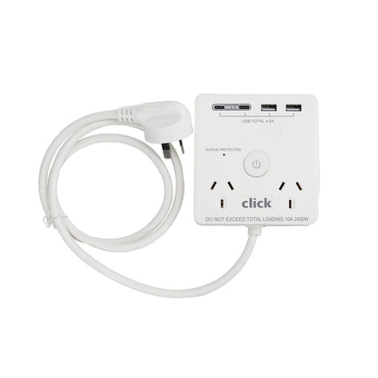 Click Power Board with USB Charger - 2 Outlet - 104 x 28 x 97mm