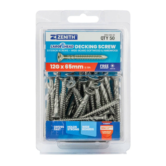 Zenith Large Head Decking Screw - T25 - 12g x 65mm - 50 Pack