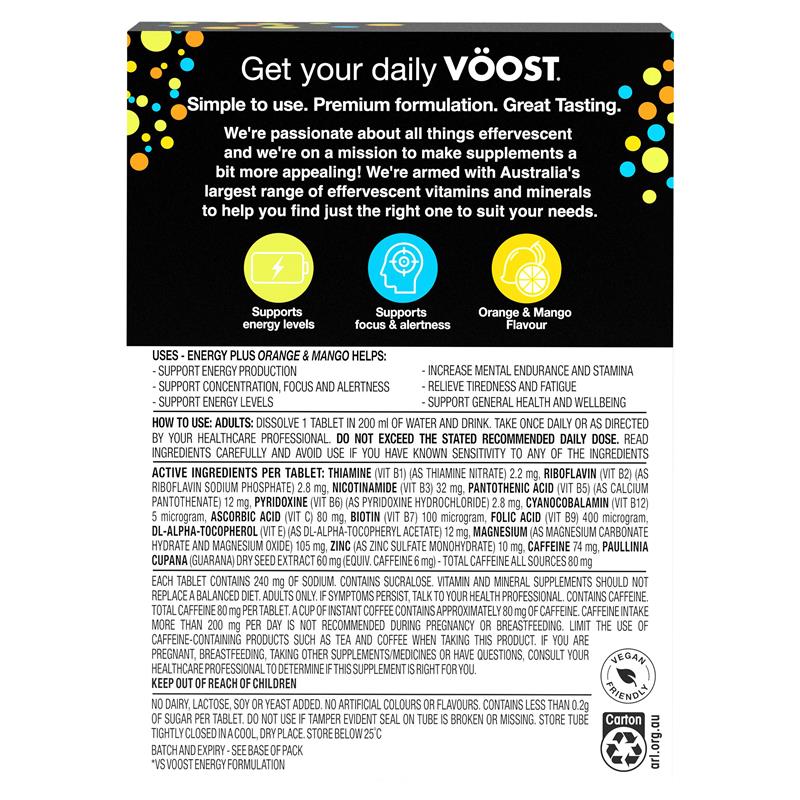 Voost Energy Plus Orange & Mango Effervescent Tablets - 60 Pack for Energy Production