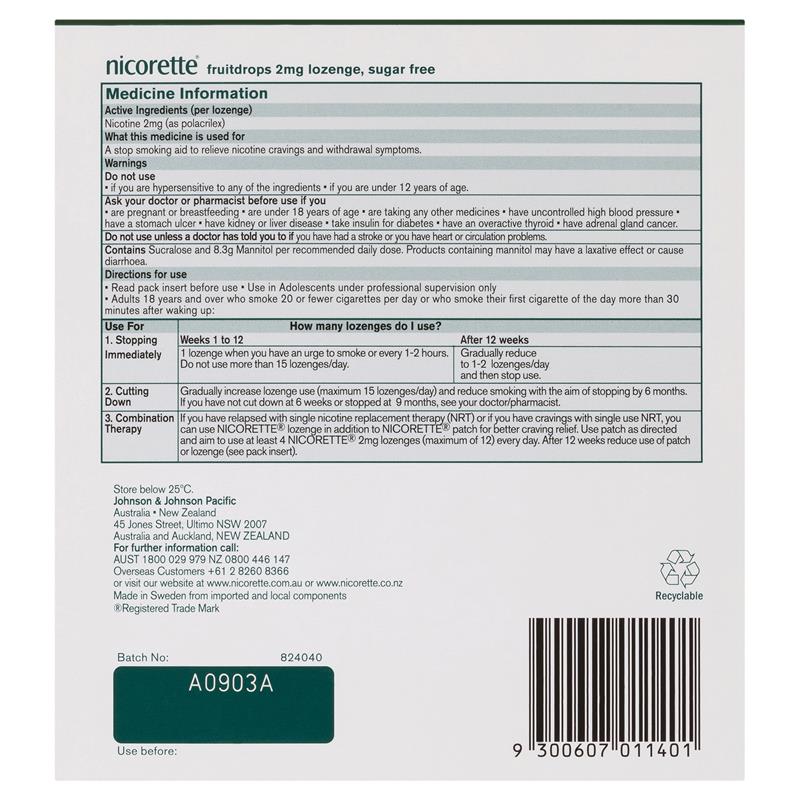 Nicorette Quit Smoking Regular Strength Nicotine Lozenge Fruitdrops - 8 x 20 Pack