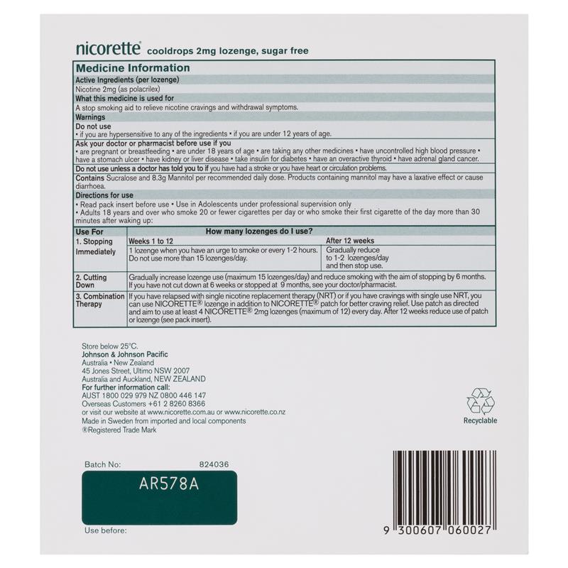 Nicorette Quit Smoking Regular Strength Cooldrops Nicotine Lozenge Icy Mint - 8 x 20 Pack