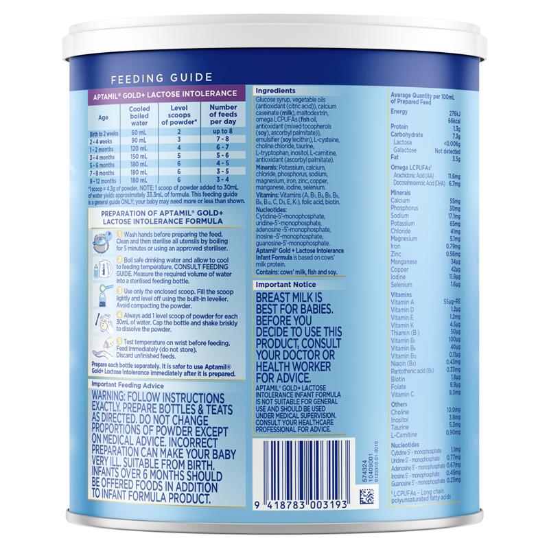 Aptamil Gold+ Lactose Intolerance Infant Formula 900g - Nutritional Support for Sensitive Tummies