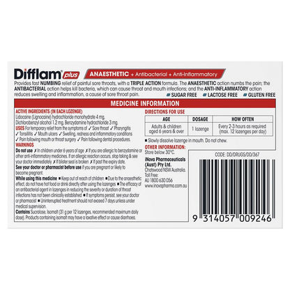 Difflam Plus Anaesthetic Sugar Free Eucalyptus Menthol Lozenges - 16 Count