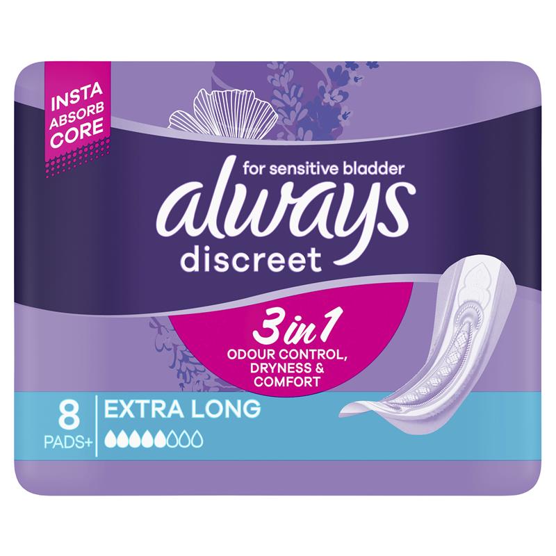 Always Discreet Level 5 Long Incontinence Pads, 8-Pads for Bladder Leaks