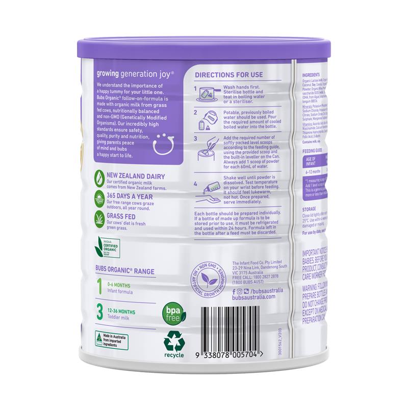 Bubs Organic Grass Fed Follow-on Milk Formula 800g - Ideal for Growing Infants