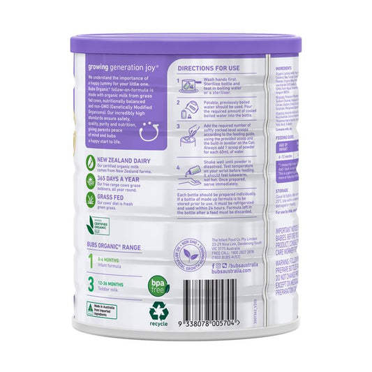 Bubs Organic Grass Fed Follow-on Milk Formula 800g - Ideal for Growing Infants