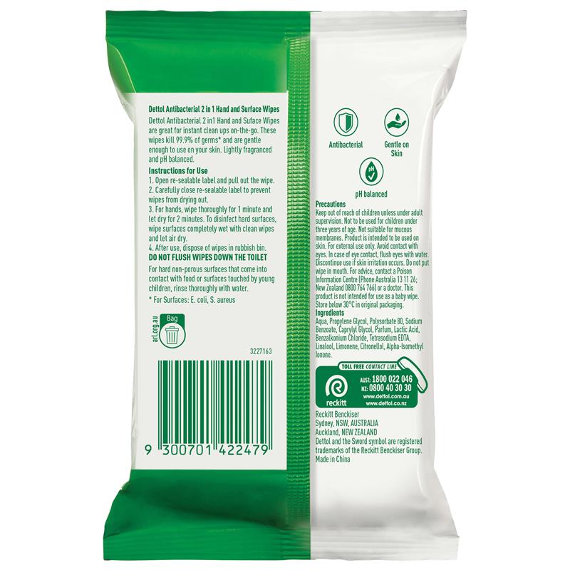 Dettol 2 in 1 Antibacterial Hands and Surface Wipes - 15 Pack
