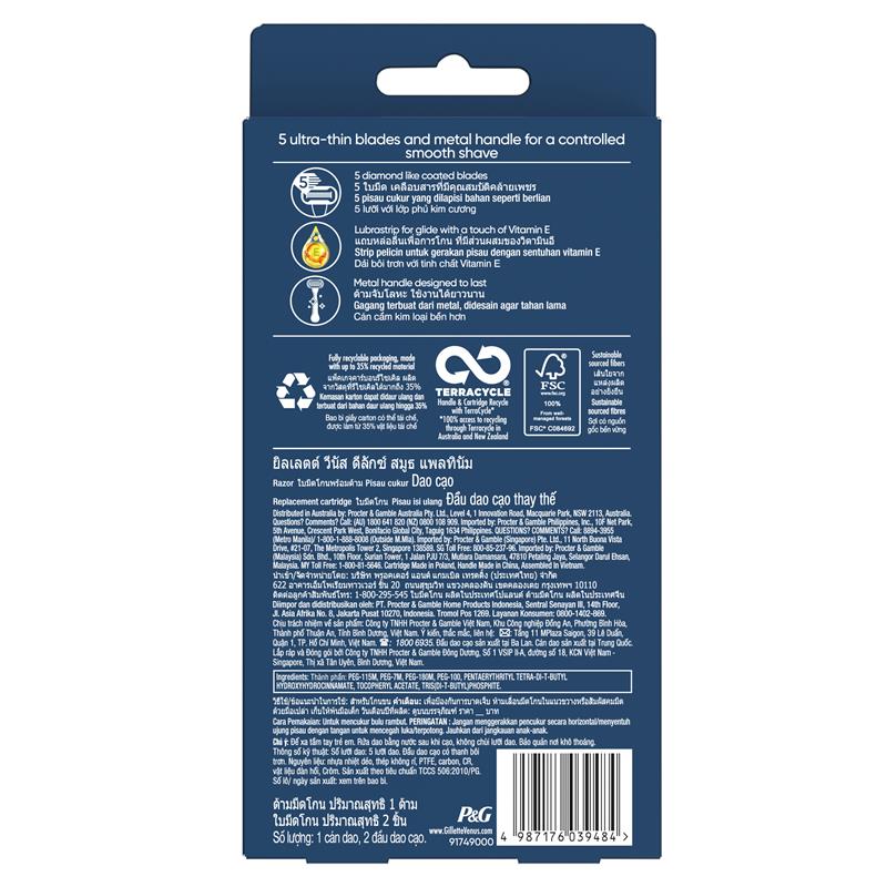 Gillette Venus Deluxe Smooth Platinum Razor + 2 Blade Refills - Women's Shaving Essentials