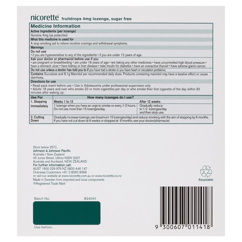 Nicorette Quit Smoking Extra Strength Nicotine Lozenge Fruitdrops - 8 x 20 Pack