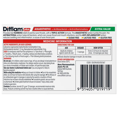 Difflam Sore Throat Sugar Free Honey And Lemon Lozenges - 48 Count