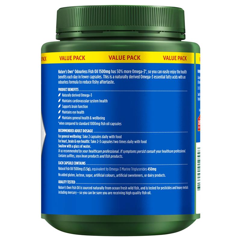 Nature's Own Odourless Fish Oil 1500mg 500 Capsules Exclusive Size