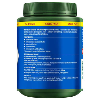 Nature's Own Odourless Fish Oil 1500mg 500 Capsules Exclusive Size