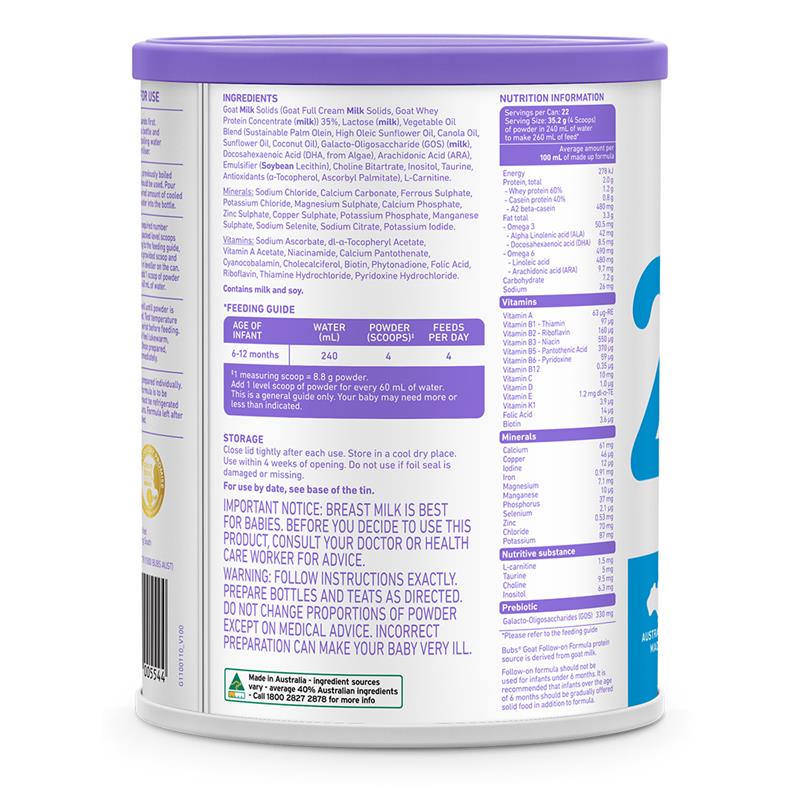 Bubs Goat Follow On Formula Stage 2 - 800g