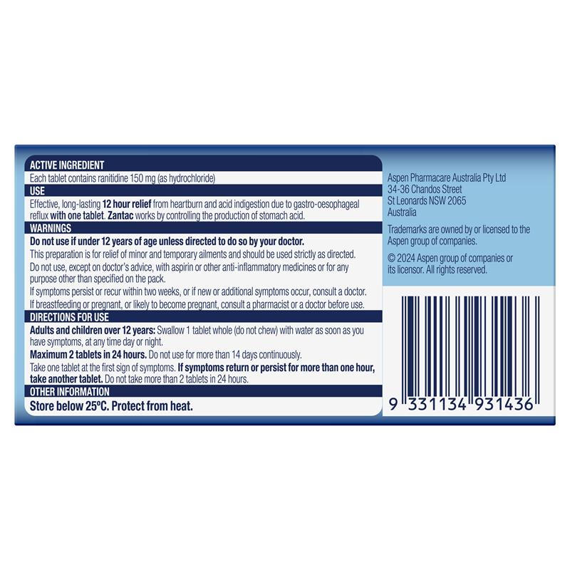 Zantac 12 Hour 150mg - 14 Tablets for Heartburn Relief