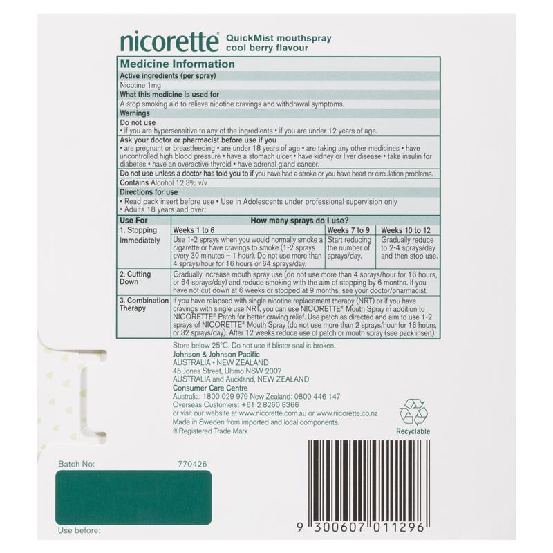 Nicorette Quit Smoking QuickMist Nicotine Mouth Spray - Cool Berry (2 x 150 Sprays)