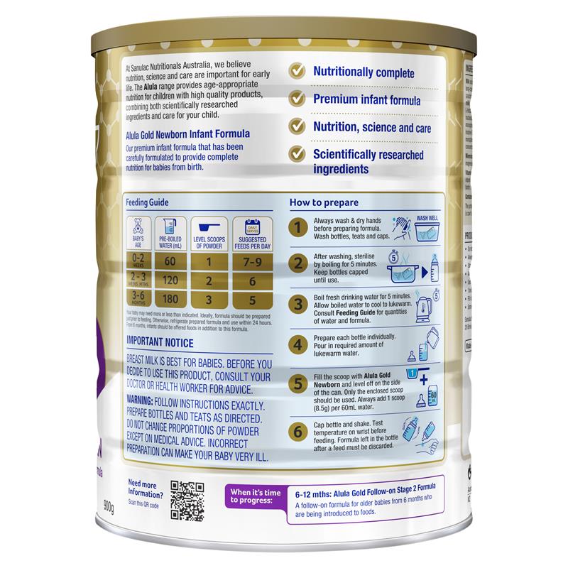 Alula Gold Stage 1 Newborn Infant Formula 0-6 Months - 900g