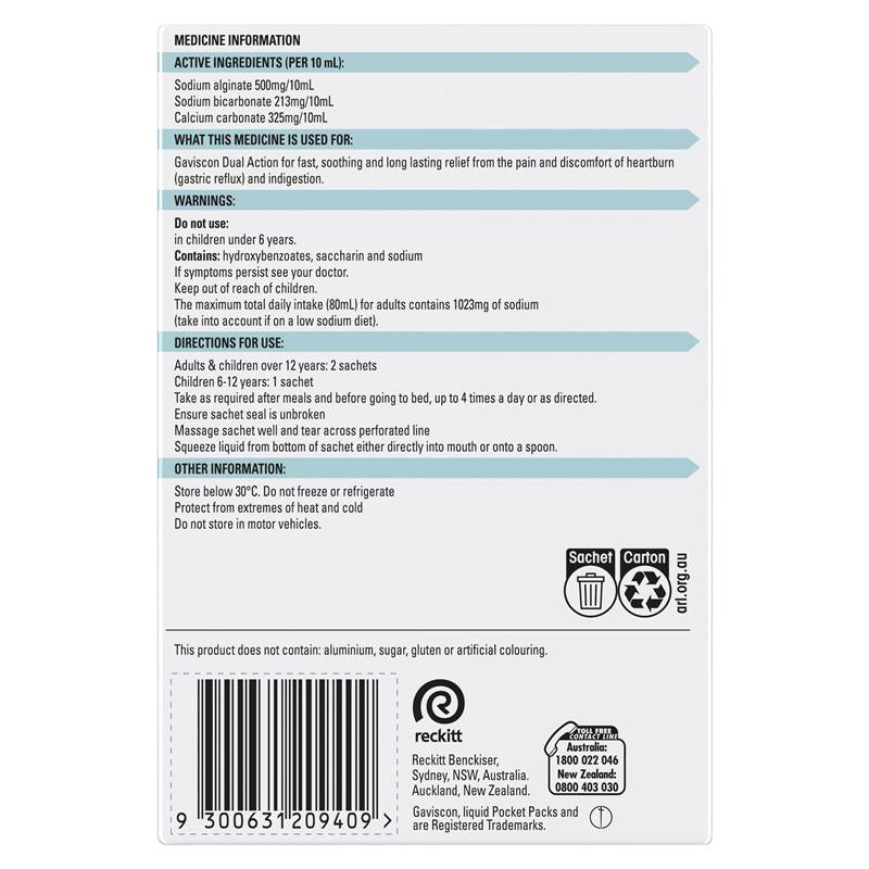 Gaviscon Dual Action Liquid Sachets Peppermint 24 Pack - Soothing Heartburn Relief