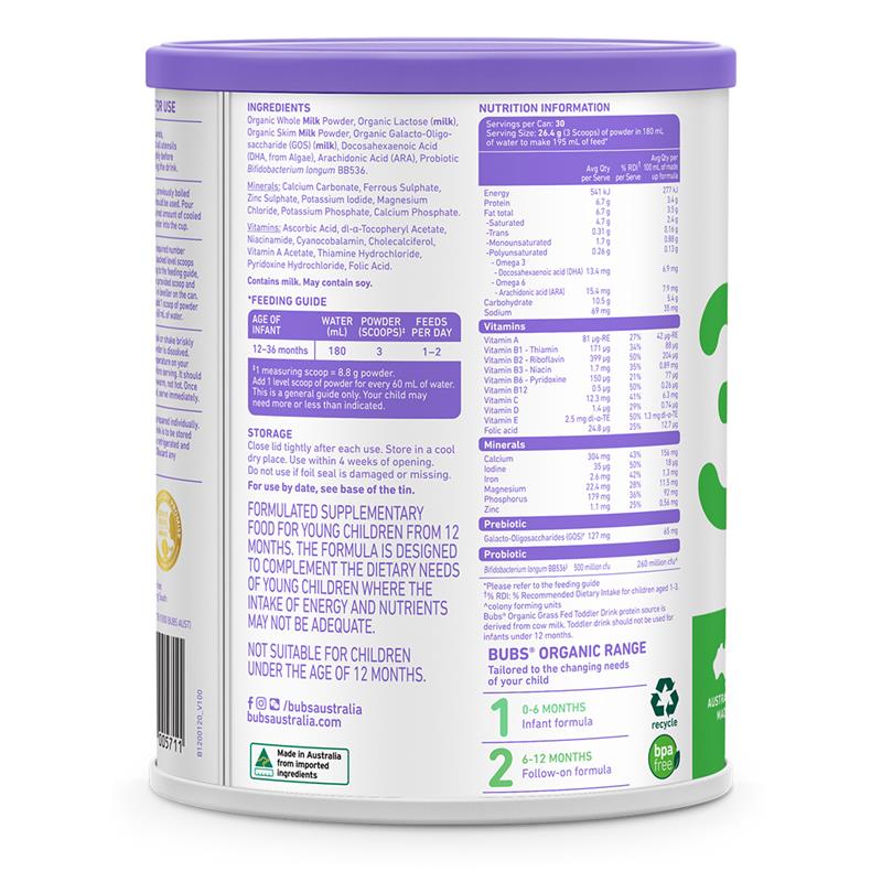 Bubs Organic Grass Fed Toddler Milk 800g - Nourishing Growth for Toddlers