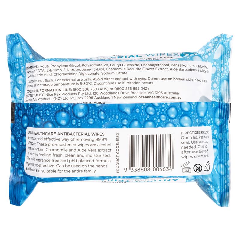 Ocean Antibacterial Wipes 30 Pack - Effective Bacteria Removal
