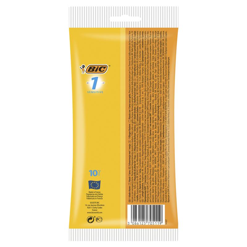BIC 1 Sensitive Men's Disposable Razor - Single Blade, 10 Razor