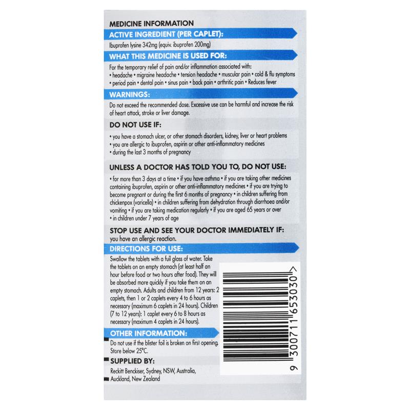 Nurofen Quickzorb Pain Relief Caplets 24 Pack - Fast-Acting Ibuprofen Lysine 342mg