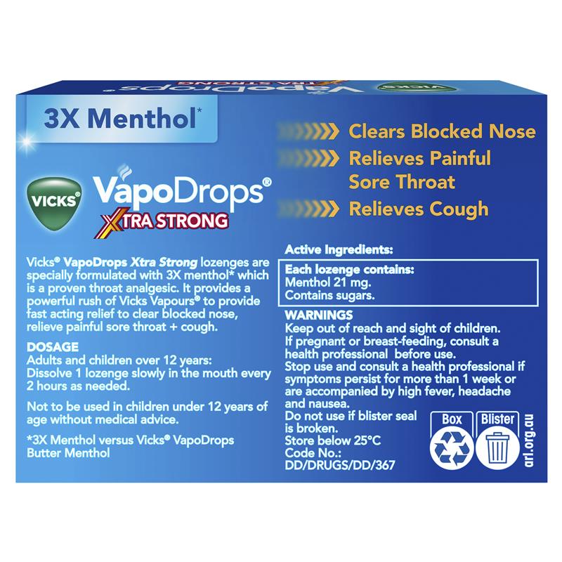 Vicks VapoDrops + Cough Xtra Strong Honey Menthol 36 Lozenges
