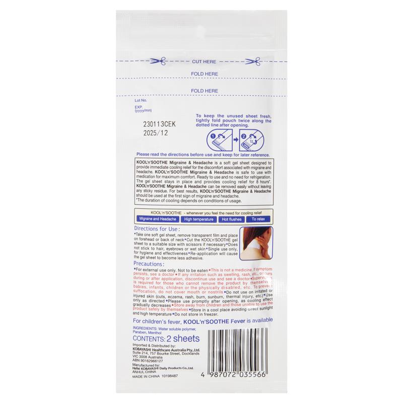 Kool n Soothe Migraine Relief 2 Sheets - Instant Cooling Comfort
