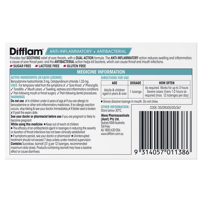 Difflam Sore Throat Lozenges - Sugar Free Strawberry (16 Lozenges)