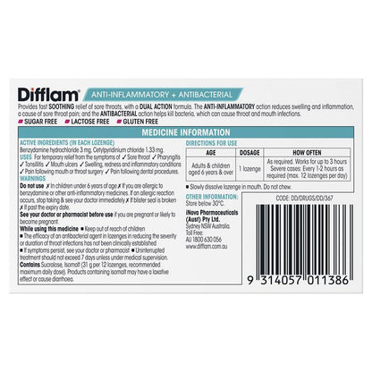 Difflam Sore Throat Lozenges - Sugar Free Strawberry (16 Lozenges)