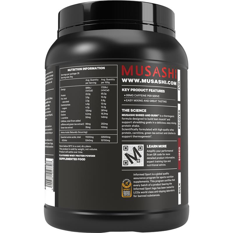 Musashi Shred And Burn Thermogenic Protein Formula - Chocolate 900g