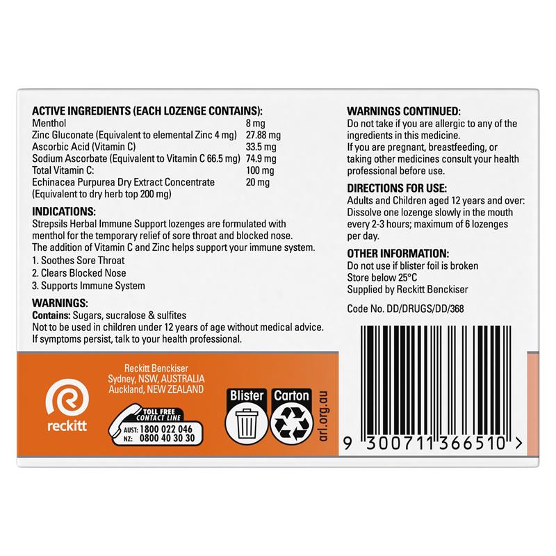 Strepsils Herbal Immune Support Lozenges Elderberry Echinacea 16 Pack