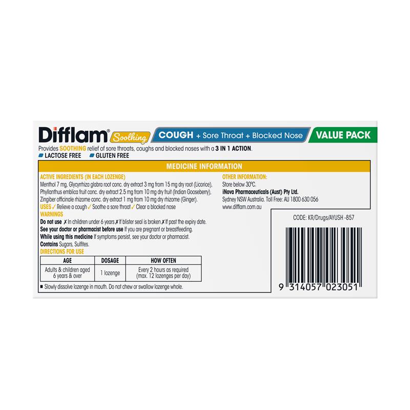 Difflam Soothing Cough + Sore Throat + Blocked Nose Lozenges - Honey Lemon Flavor (32 Lozenges)