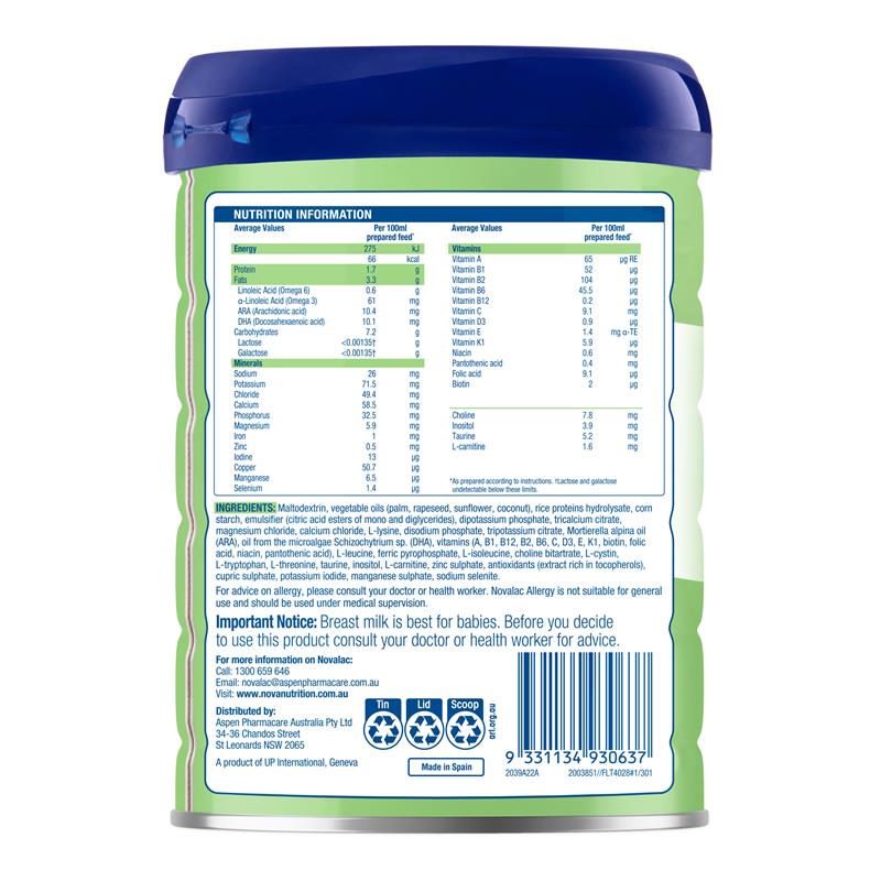 Novalac Allergy Premium Rice Based Infant Formula 800g - Specially Formulated for Sensitive Babies