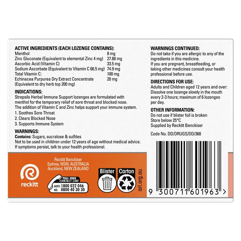 Strepsils Herbal Immune Support Lozenges Honey Lemon 32 Pack