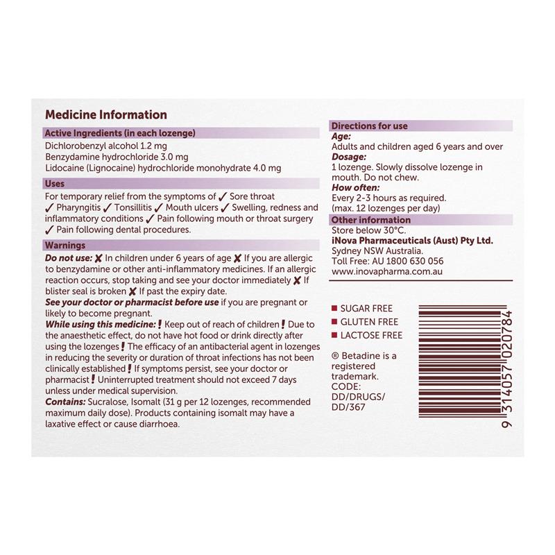 Betadine Sore Throat Anaesthetic Berry 16 Lozenges - Quick Relief