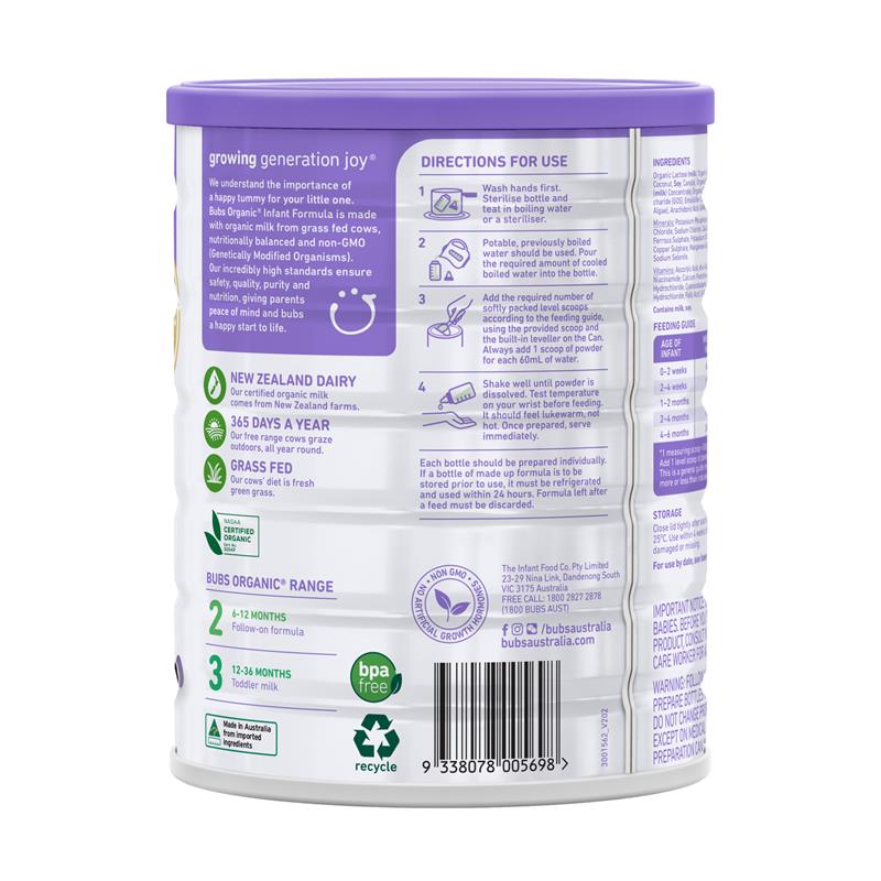 Bubs Organic Grass Fed Infant Milk Formula 800g - Gentle Nutrition for Babies