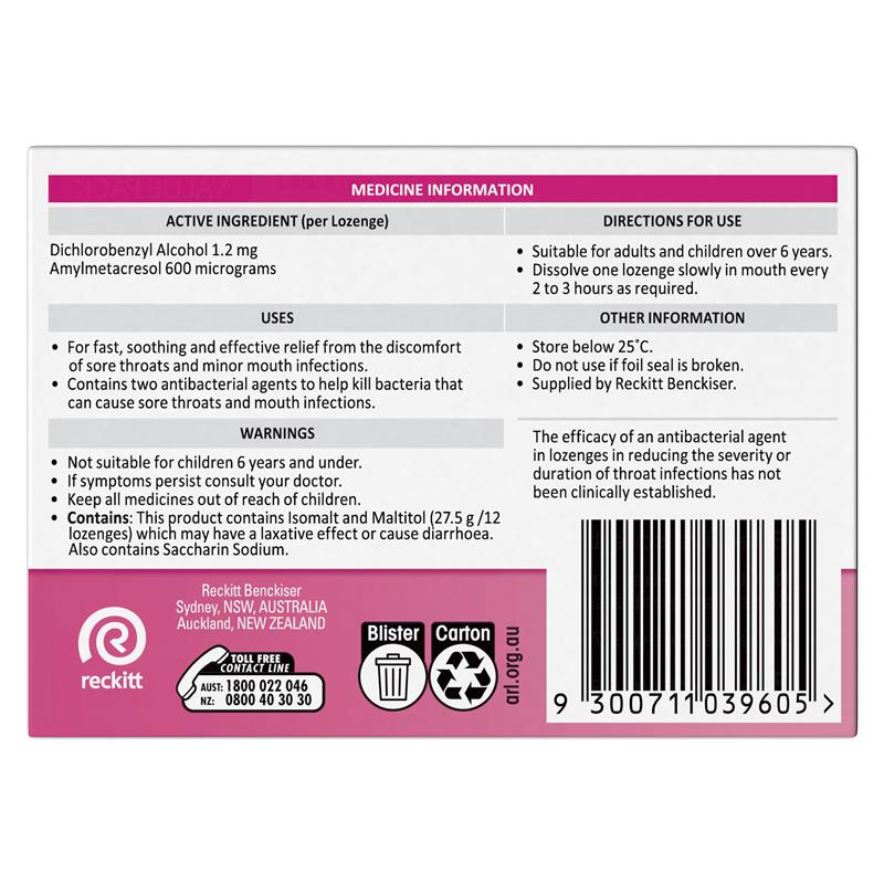 Strepsils Sugar Free Strawberry 36 Lozenges - Antibacterial Sore Throat Relief