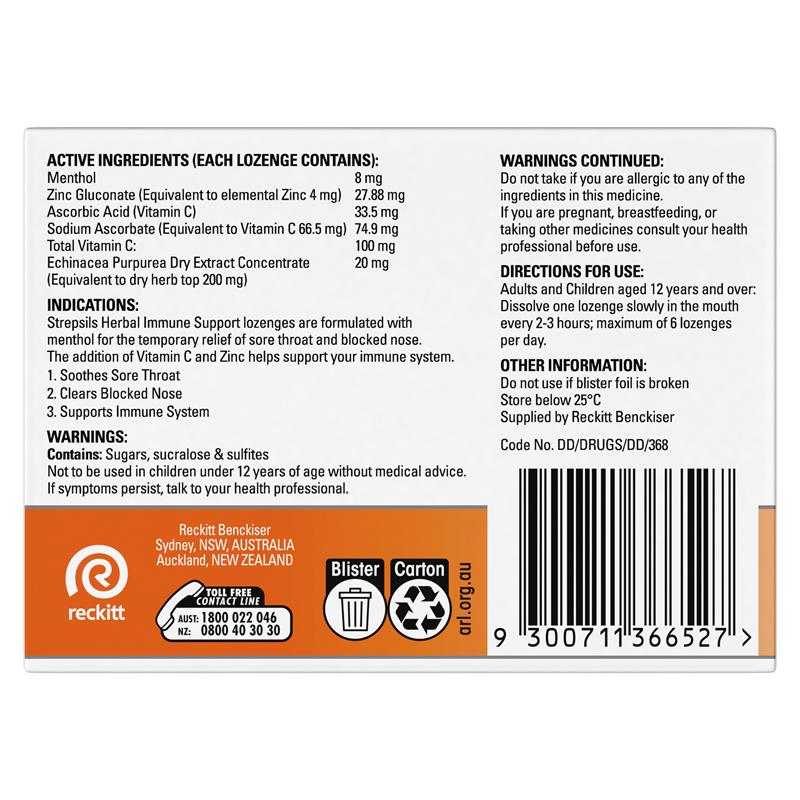 Strepsils Herbal Immune Support Lozenges Honey Lemon 16 Pack