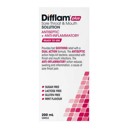 Difflam Plus Sore Throat & Mouth Solution Mint 200ml - Dual Action Relief